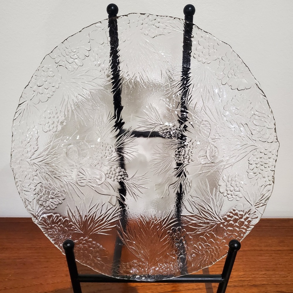 Vintage 13" Clear Pressed Glass Christmas Platter Pinecone Pine Needle Scalloped